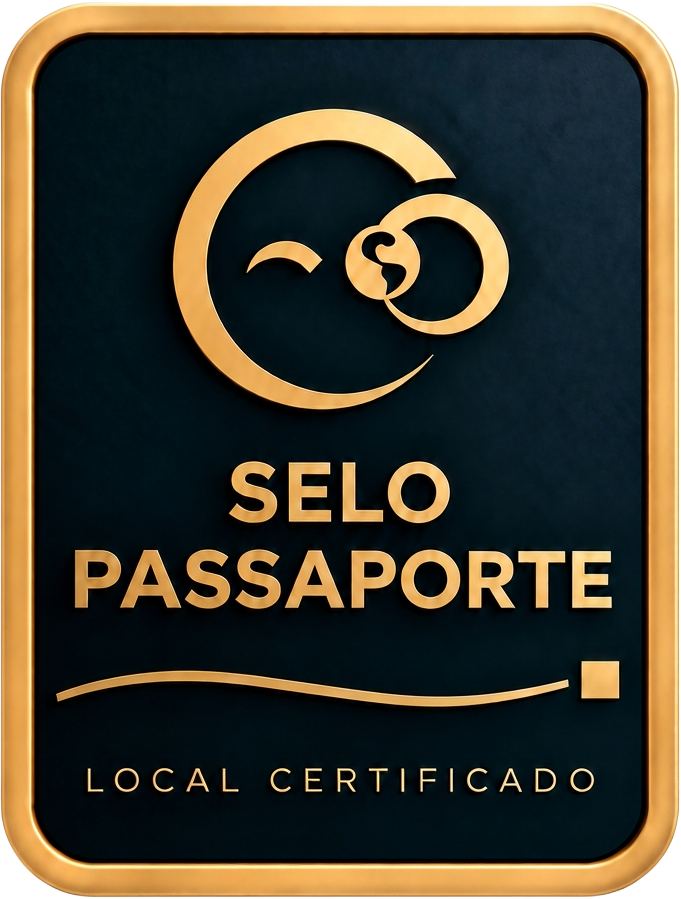 Placa dourada com o texto Selo Passaporte, Local Certificado